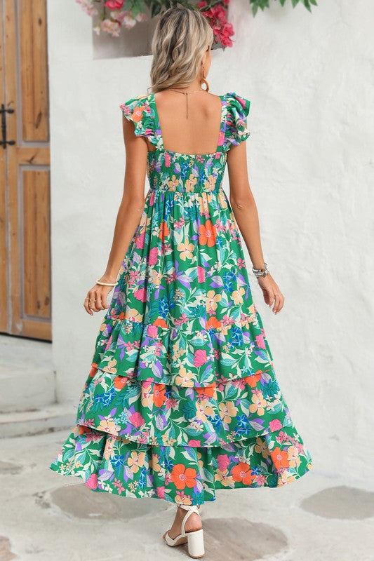 Rowena Tropical Green Floral Maxi Dress