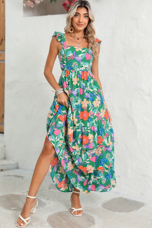 Rowena Tropical Green Floral Maxi Dress