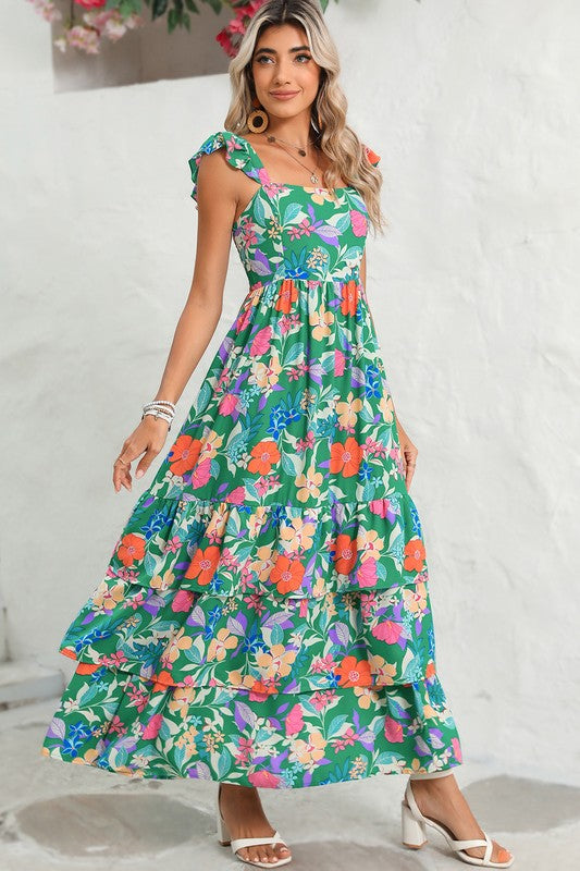 Rowena Tropical Green Floral Maxi Dress