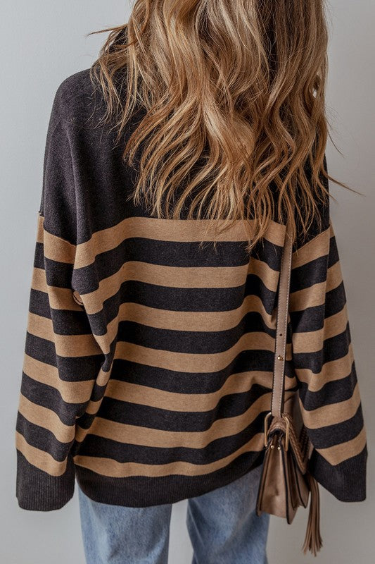 Hamden Black & Tan Striped Quarter Zip Sweater