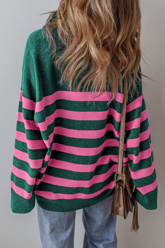 Hamden Pink & Teal Striped Quarter Zip Sweater