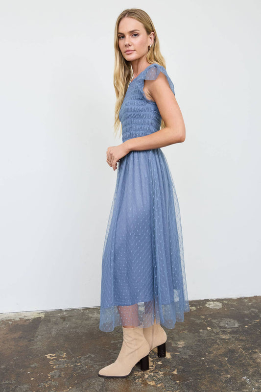 Amarena Swiss Dot Blue Midi Dress
