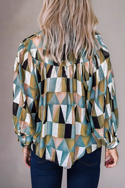 Geometric Olive Buttondown Blouse