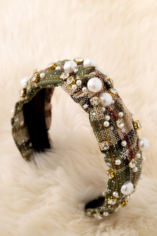 Snowflake Plaid Pearl & Rhinestone Headband