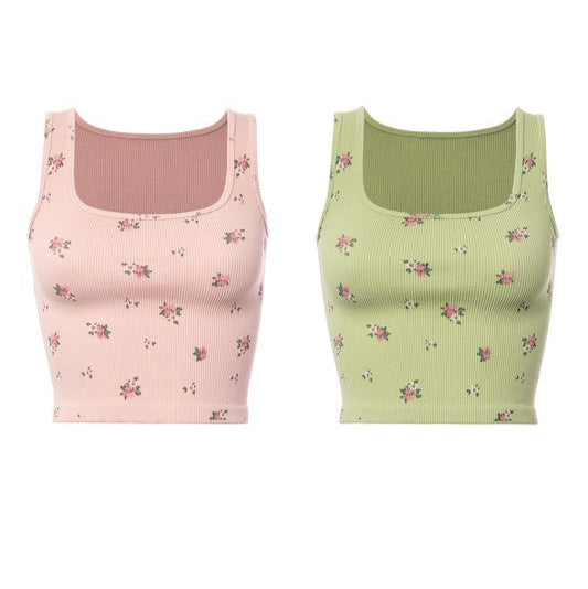 Seamless Ribbed Floral Crop Tank