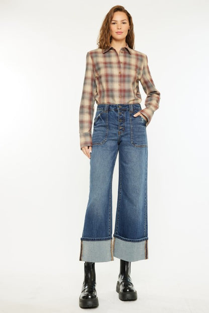Kancan Beanie Cropped Wide Leg Cuff Jeans