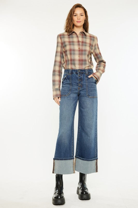Kancan Beanie Cropped Wide Leg Cuff Jeans