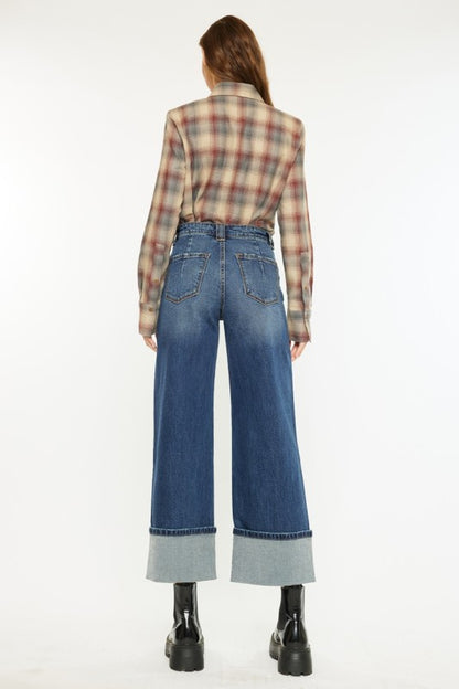 Kancan Beanie Cropped Wide Leg Cuff Jeans
