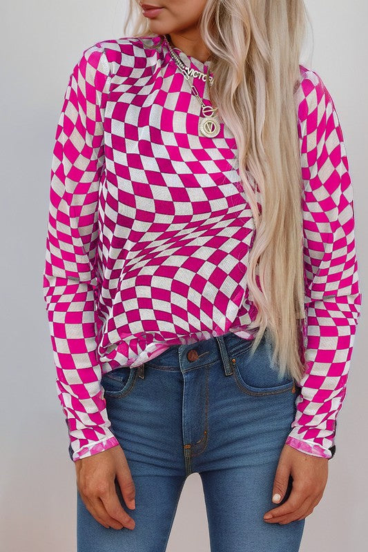 Abstract Checkered Mesh Fuchsia Top