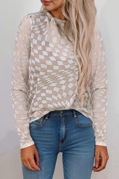 Abstract Checkered Mesh Nude Top