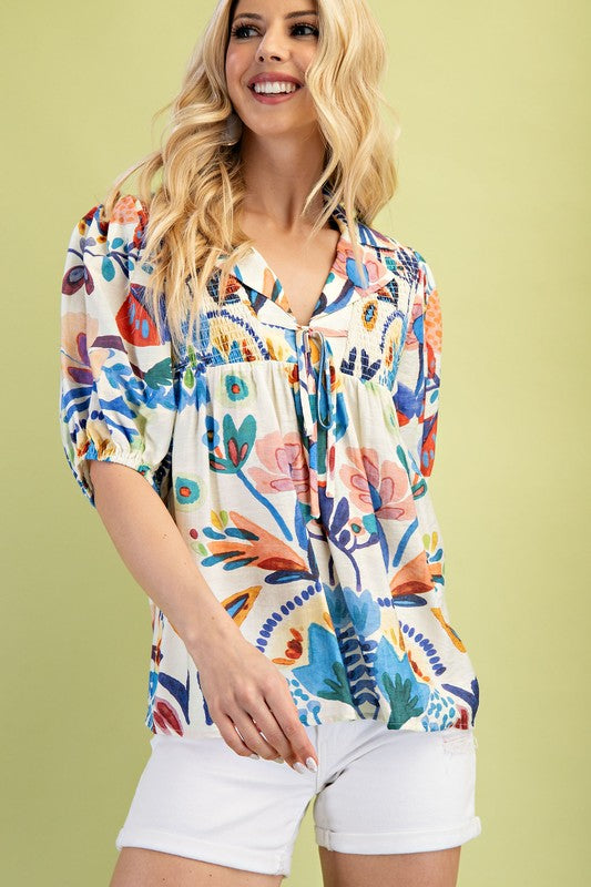 Watercolor Collared Blue Blouse