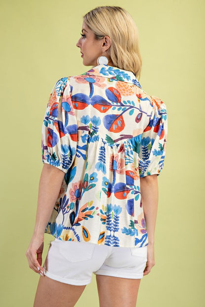 Watercolor Collared Blue Blouse