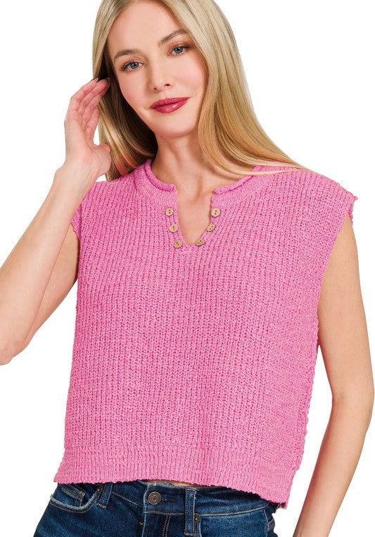 Adleigh Button Sleeveless Knit Cropped Top