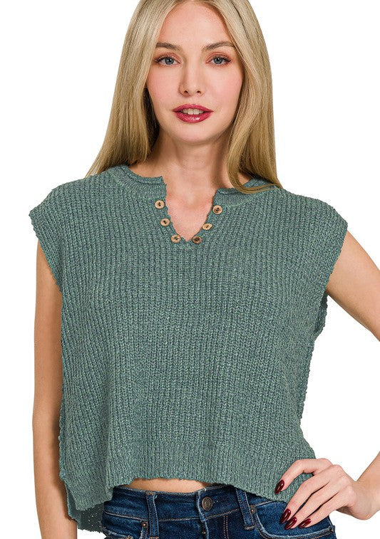 Adleigh Button Sleeveless Knit Cropped Top
