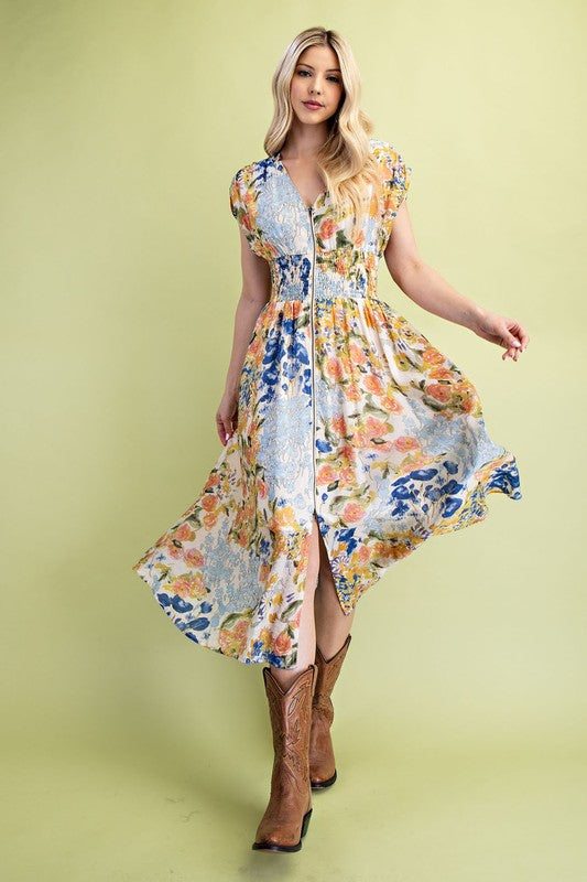 Chasity Floral Blue Full Zip Dress