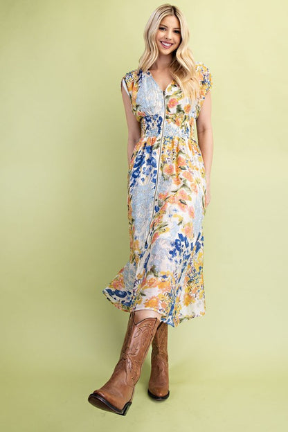 Chasity Floral Blue Full Zip Dress