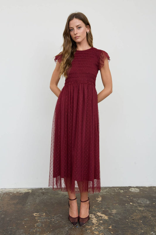 Amarena Swiss Dot Burgundy Midi Dress