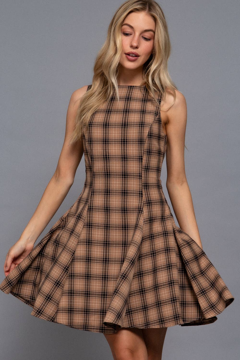 Brooklyn Plaid Mini Khaki Dress