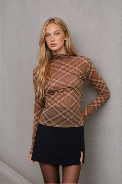Brown Plaid Mesh Longsleeve Top