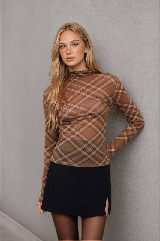 Brown Plaid Mesh Longsleeve Top