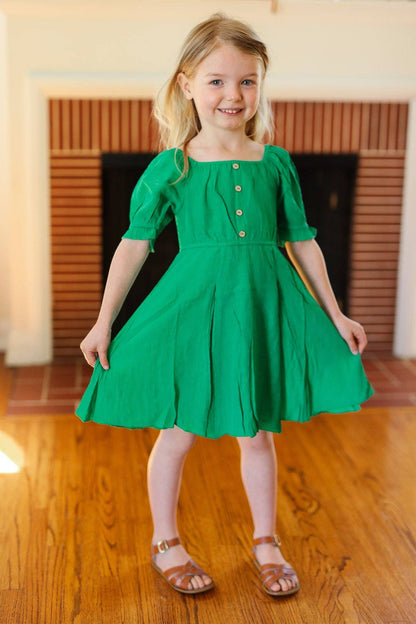 Girls Green Button Square Neck Dress