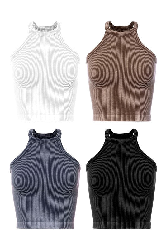 Mineral Ribbed Jewel Neck Crop Tank