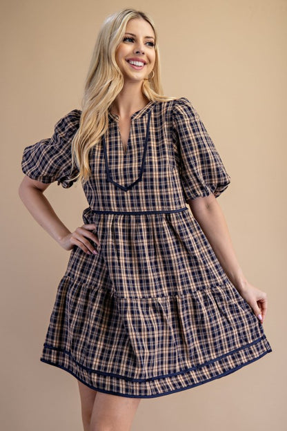 Linnet Plaid Babydoll Navy Dress