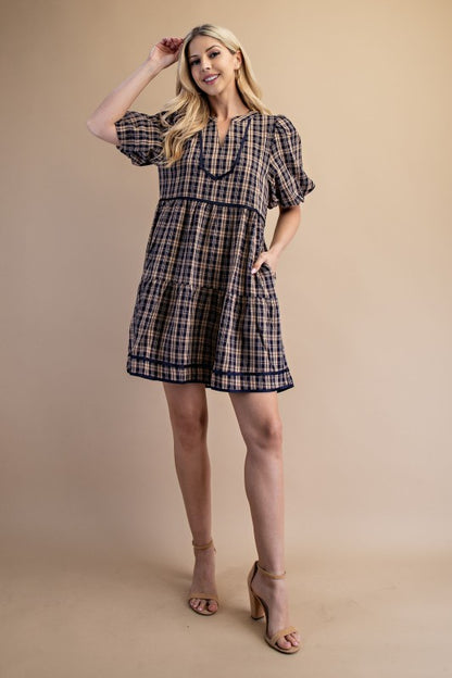 Linnet Plaid Babydoll Navy Dress