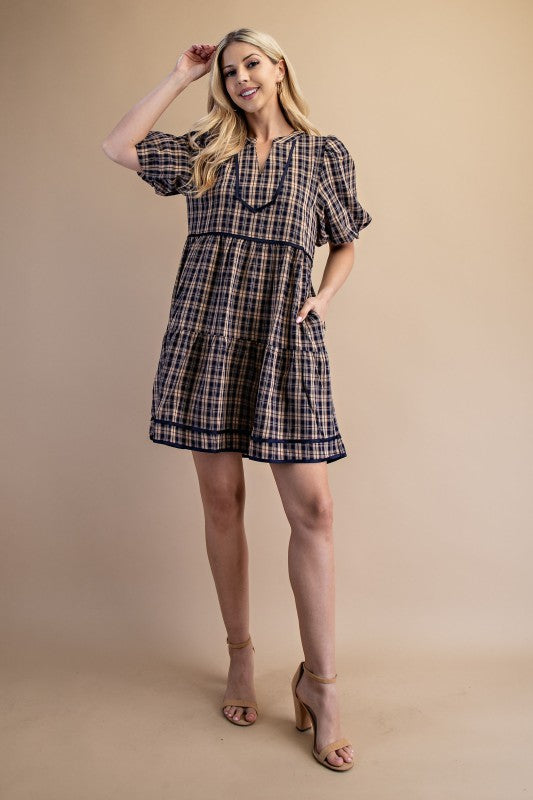 Linnet Plaid Babydoll Navy Dress