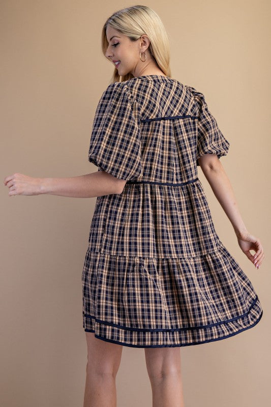 Linnet Plaid Babydoll Navy Dress