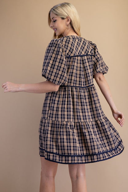 Linnet Plaid Babydoll Navy Dress