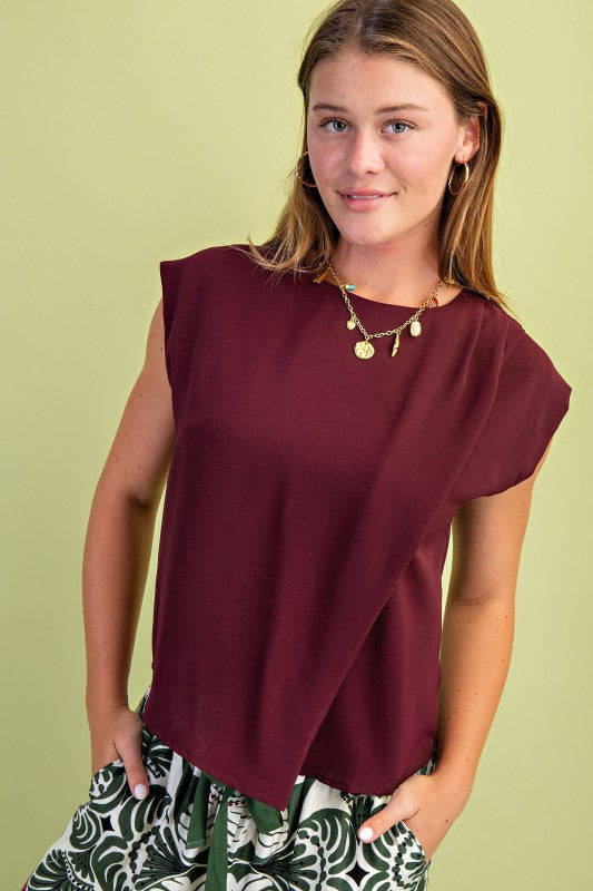 Draped Maroon Sleeveless Blouse