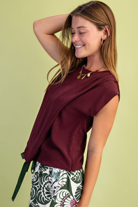 Draped Maroon Sleeveless Blouse