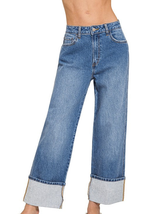 Zenana Santee MW Cuffed Wide Leg Jeans