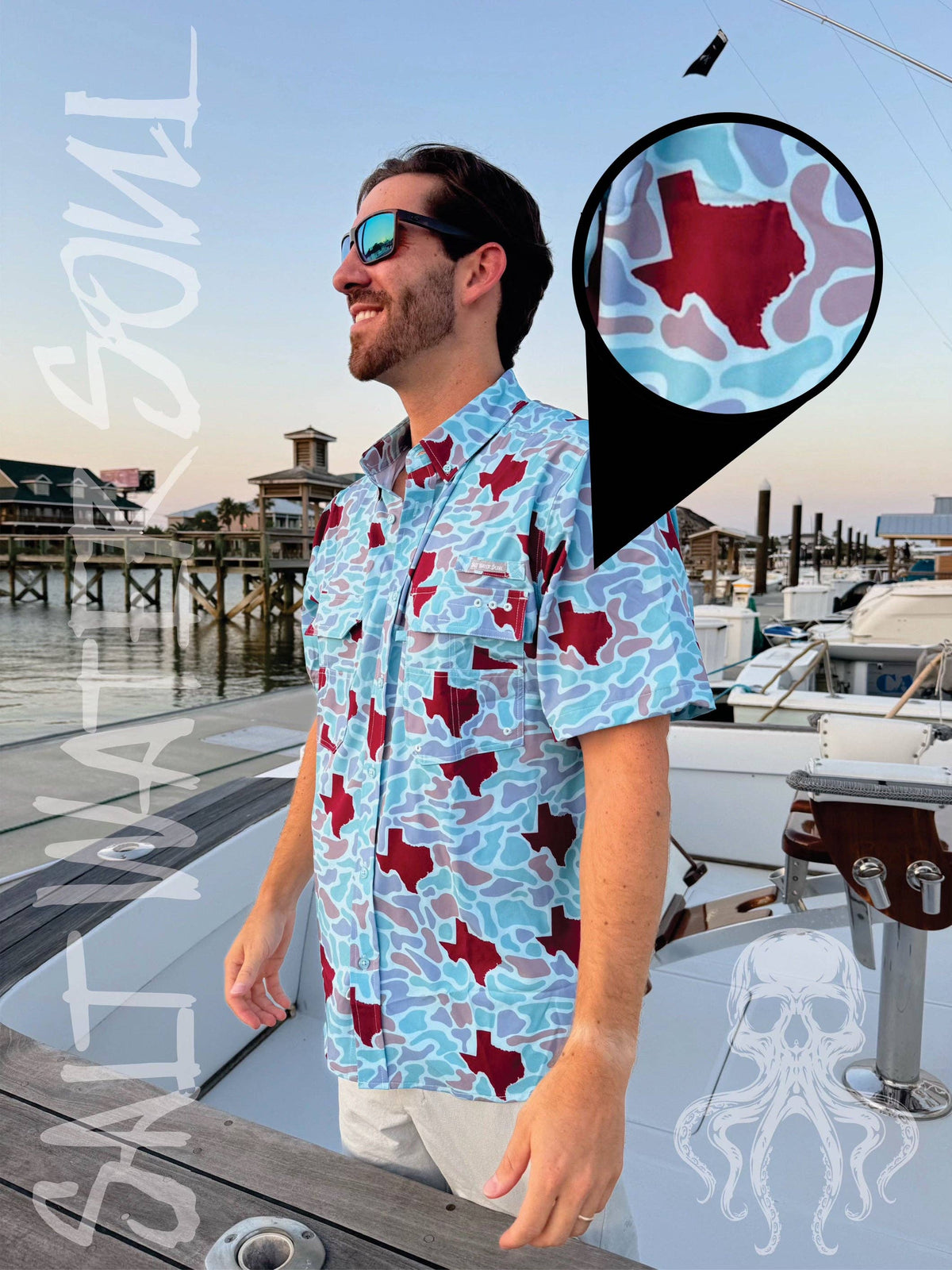Mens Salt Water Soul TX Fishing Maroon Camo Shirt