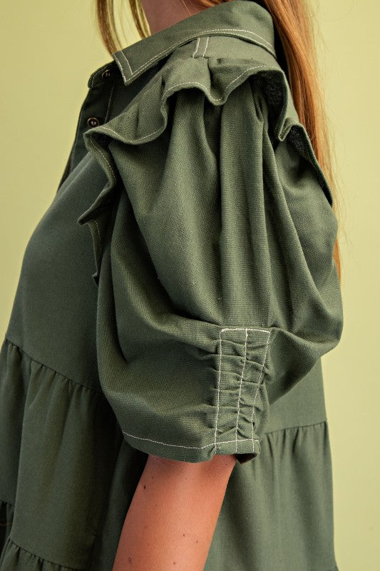 Elaine Linen Buttondown Tiered Olive Dress