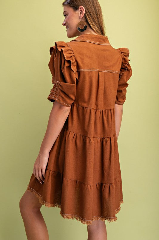 Elaine Linen Buttondown Tiered Caramel Dress