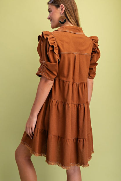 Elaine Linen Buttondown Tiered Caramel Dress