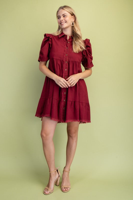 Elaine Linen Buttondown Tiered Burgundy Dress