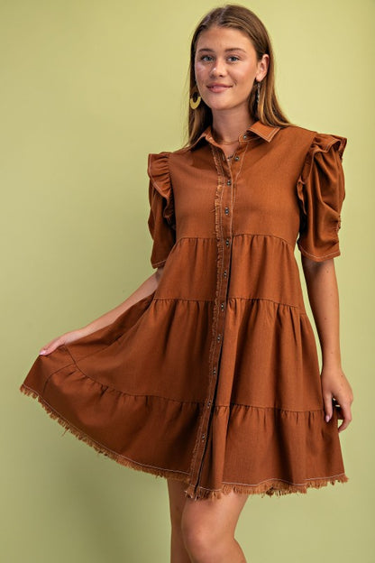 Elaine Linen Buttondown Tiered Caramel Dress