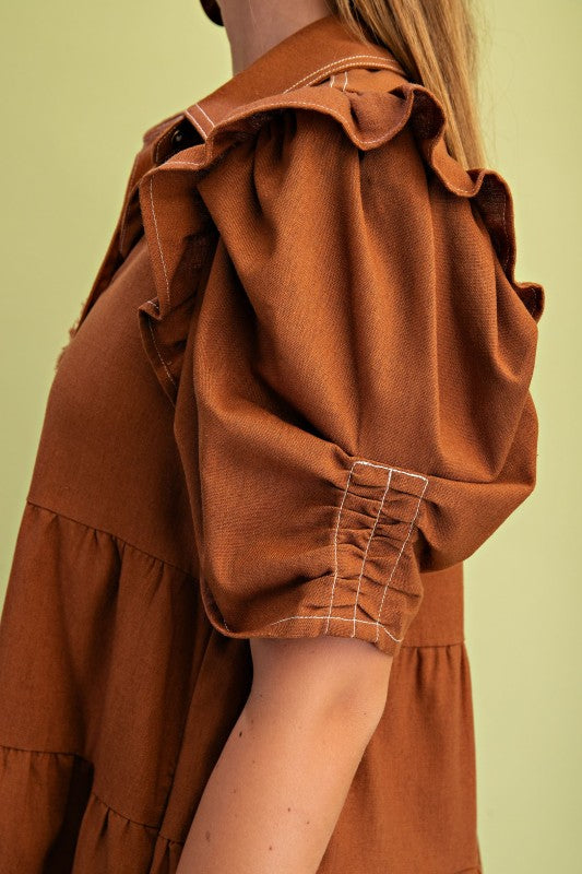 Elaine Linen Buttondown Tiered Caramel Dress