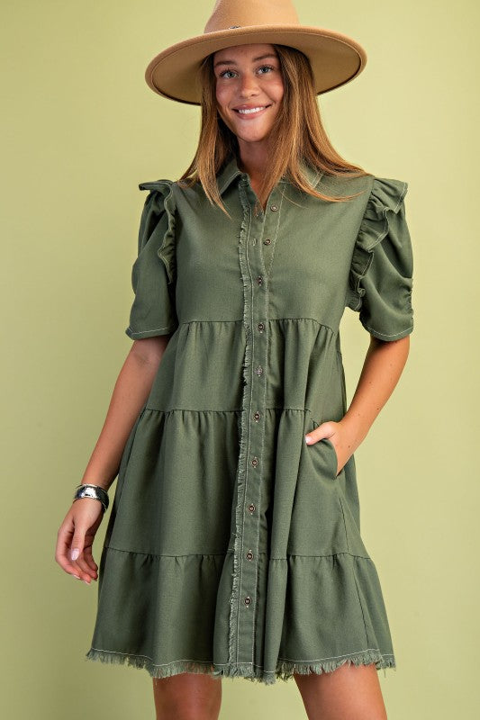 Elaine Linen Buttondown Tiered Olive Dress
