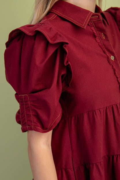 Elaine Linen Buttondown Tiered Burgundy Dress