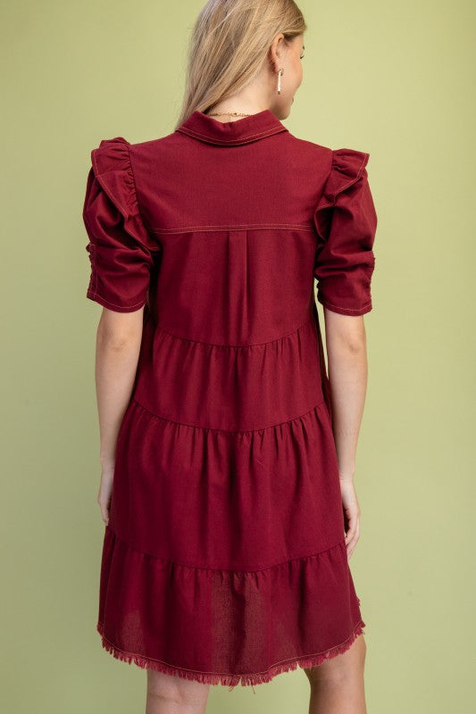 Elaine Linen Buttondown Tiered Burgundy Dress