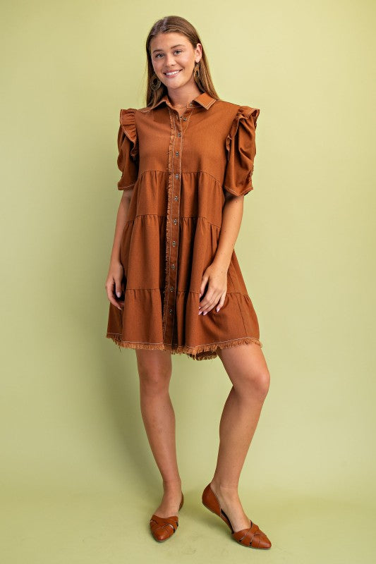 Elaine Linen Buttondown Tiered Caramel Dress