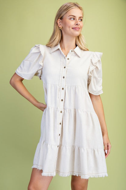 Elaine Linen Buttondown Tiered Ivory Dress
