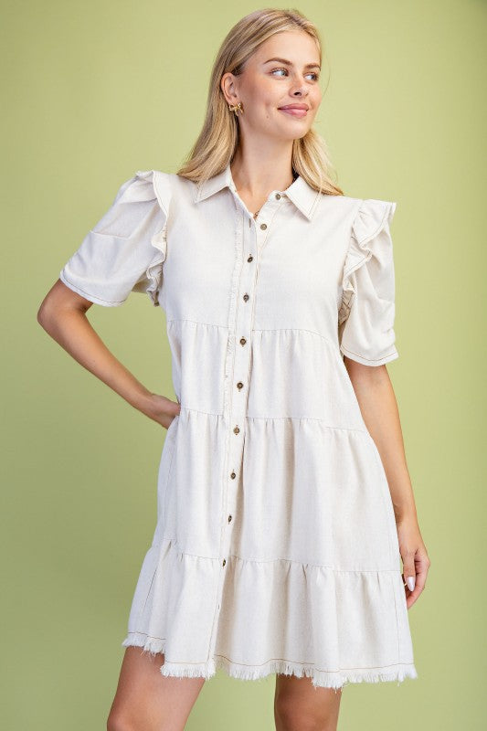 Elaine Linen Buttondown Tiered Ivory Dress