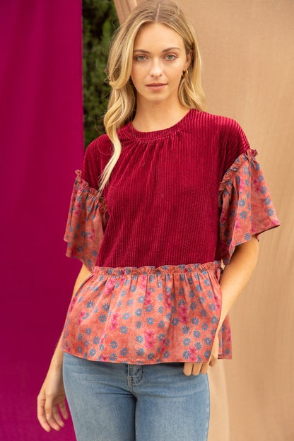 Voy Maroon & Floral Velvet Mix Blouse