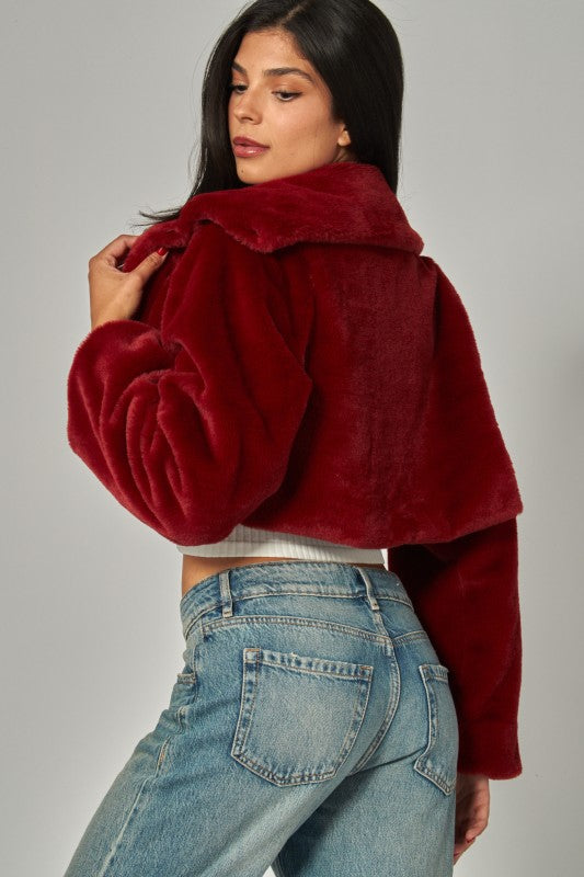 Carmen Cropped Fur Burgundy Coat