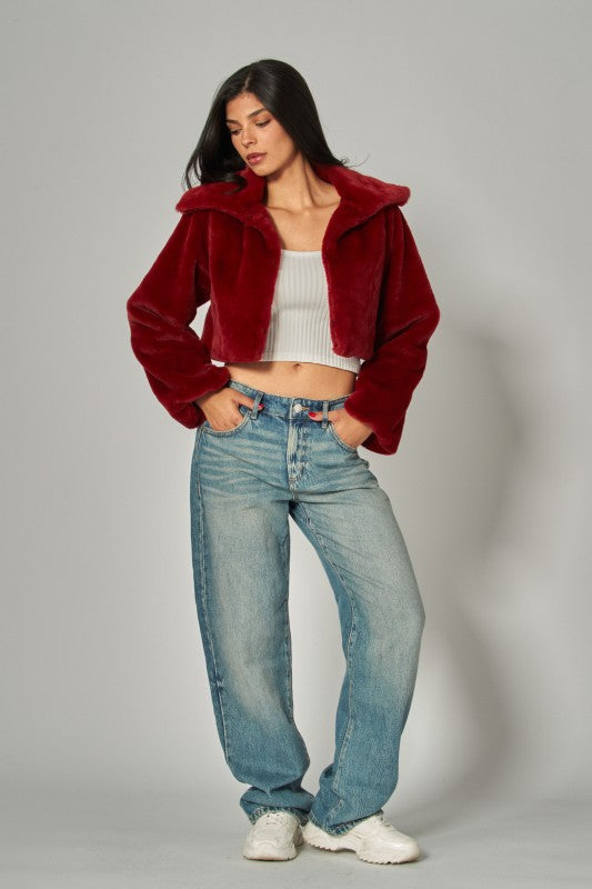 Carmen Cropped Fur Burgundy Coat
